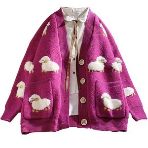Loose Cardigan Cartoon Sheep V-Neck Button Sweater Open Front Knit Coat